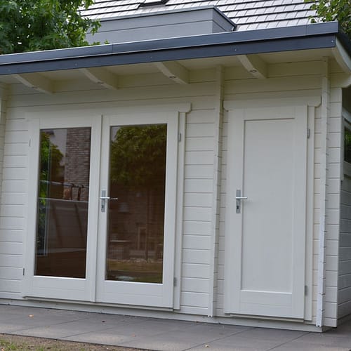 Gartenhaus aus 45 mm Blockbohlen mit Pultdach und Geräteraum in Bielefeld
